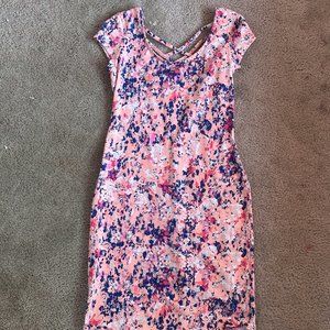 dress, pink floral, form fitted stretch, size medium, decree